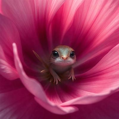 The primary subject of the image is a small lizard, which is sitting inside a pink flower. The lizard appears to be peeking out from the flower, creating a sense of curiosity and playfulness. The setting is a pink flower, which serves as the backdrop for the lizard's adventure. The visual style of the image is a close-up, capturing the lizard's intricate details. The colors and mood of the image are predominantly pink, giving it a warm